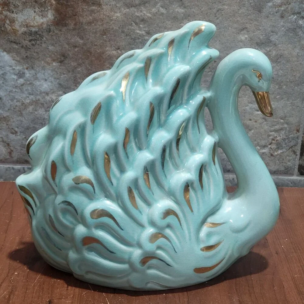Vintage Gilded Blue Swan TV Lamp Night Light Ceramic